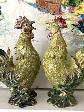 2 Vintage Ceramic Chickens Roosters 9" High Green Gold Red